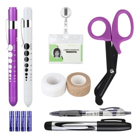 BOVKE 12 Pcs Nurse Tools Set, Medical Supplies Nurse Accessories for Work Includes Medical Scissors, 2 Penlights with Batteries, Bandage Wraps, Name Card Holder Nursing School Essentials, Purple