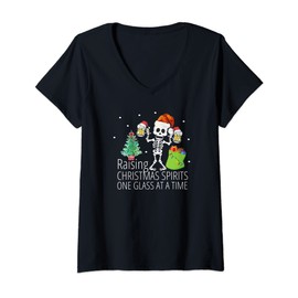 Womens Christmas Skeleton Pajama Top Funny Santa Xmas Beer Adult V-Neck T-Shirt