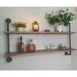 HDDFER Pipe Shelves Industrial Pipe Shelving Shelves Real Wood Industrial Floating Pipe Shelves with Wood Planks 48 inch Wall Shelves Rustic Hanging Bookshelf Farmhouse Kitchen Bar Shelving