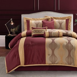 LANCO MODERN LIFESTYLE California King Comforter Set, Wine Gold, 7 Pieces in a Bag, Soft Jacquard with Solid Piecework, Luxury Bed Set with Comforters, Bed Skirt, Pillow Shams and Decorative Pillows