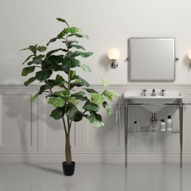 Vickerman 6ft Artificial Potted Fiddle Tree - 65 Large Fiddle Leaves - Tall - Green Silk Artificial Indoor Fiddle Plant - Single Stem - Home Office Decor - Faux Tree for Living Room