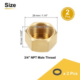 uxcell 2Pcs Brass Hex Head Plug Compression Cap Fitting Stop Valve Cap, 3/4" NPT Hex Thread Pipe Fitting Flare Cap Tubing Ends Sealing Cap with Gasket for Air Conditioner, Water, Gold