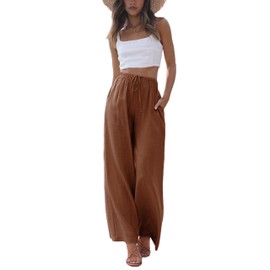 Faleave Women's Cotton Linen Summer Palazzo Pants Flowy Wide Leg Beach Trousers with Pockets(Rust-L)