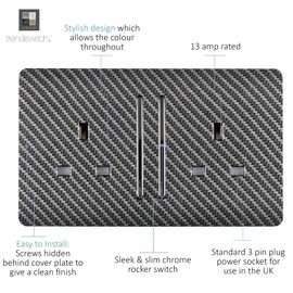 Trendi Switch 2 Gang Long Switched Modern Designer Plug Socket in Carbon Fibre