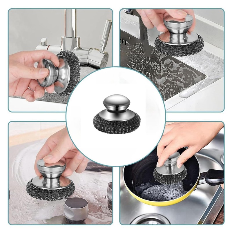 Stainless Steel Scrubber for Dishes with Stainless Steel Handle, Steel