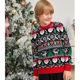 Girls Ugly Christmas Sweatshirts Boy Red Santa Knitting Sweater with LED Light Classic White Elk Pullover for Kids Xmas Jumper Black Tops Size 11-12 Large