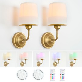 HEQIQEH Vintage Gooseneck Battery Operated Wall Sconce Light Fixture Set of 2 with Remote Control, Flared Funnel White Fabric Shade Dimmable Nightstand Lamps for Bedside Bedroom Living Room Lounge