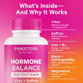 Pink Stork Pink Stork Hormone Balance Multivitamin - 18-in-1 Daily Vitamin with Adrenal and Cortisol Support - Mood, Stress, Energy Support - Perimenopause, PMS and Period Relief - Vitex + B-Complex + Saffron