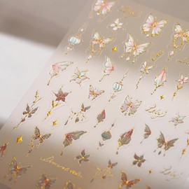 Butterfly Nail Stickers 5D Colorful Nail Decals for Nail Art Gradient Flower Butterfly Gold Line Nails Designs Sticker Spring Summers Acrylic Nail Art Supplies Adhesive Sticker Charms Decorations