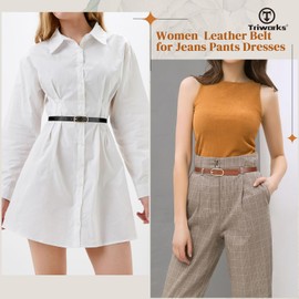 TRIWORKS Women Skinny Leather Belt for Dress Pants Jeans Ladies Thin Waist Belts with Gold Buckle