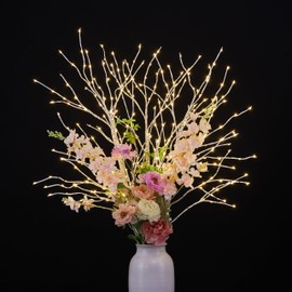 LIGHTSHARE Lighted Artificial Twig Birch Tree Branch with Mini LED Lights Battery Operated with Timer for Thanksgiving Christmas Decoration Indoor Outdoor Sticks, White (41IN, 32IN Fairy Lights White)