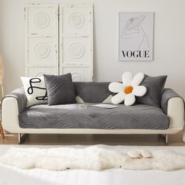 XSlive Super Soft Velvet Sofa Cover Geometric Embroidery Thick Warm Sectional Couch Covers Comfy Plush Anti-Slip Sofa Slipcover Furniture Protector for Living Room (Dark Gray B,28"x59")