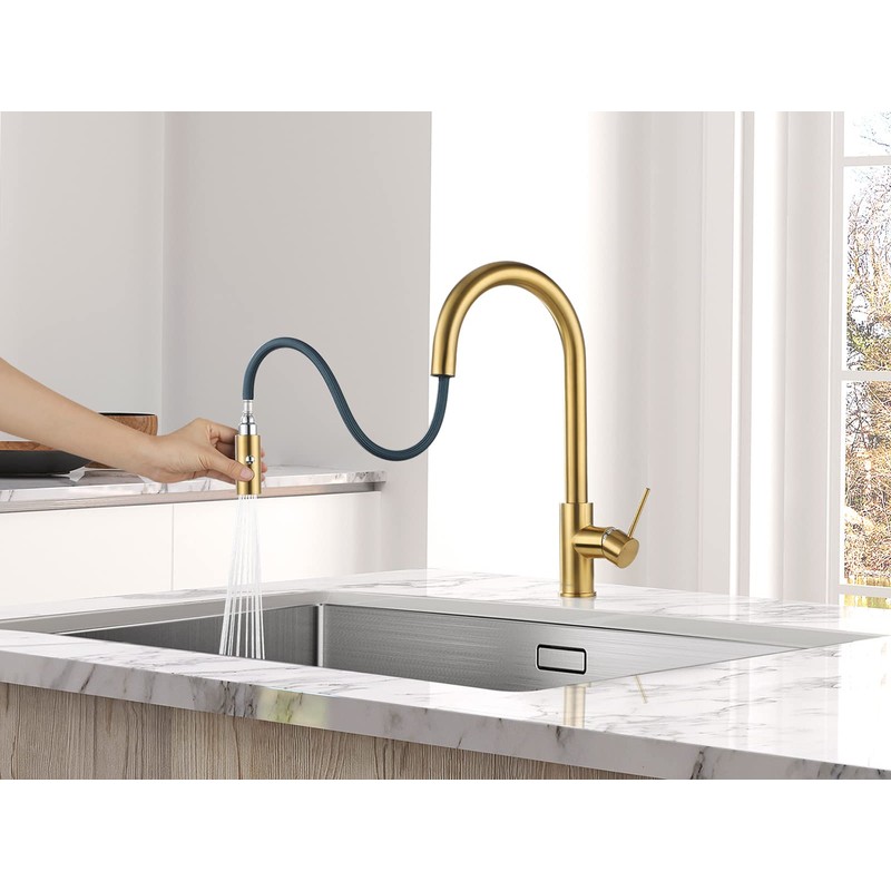 AguaStella AS60BG Brushed Gold Kitchen Sink Faucet with Pull Down