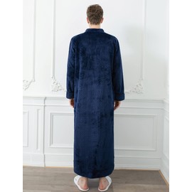 Locachy Men's Flannel Zip Bathrobes Soft Warm Long Fleece Plush Robe Housecoats Nightgown Sleepwear Navy S
