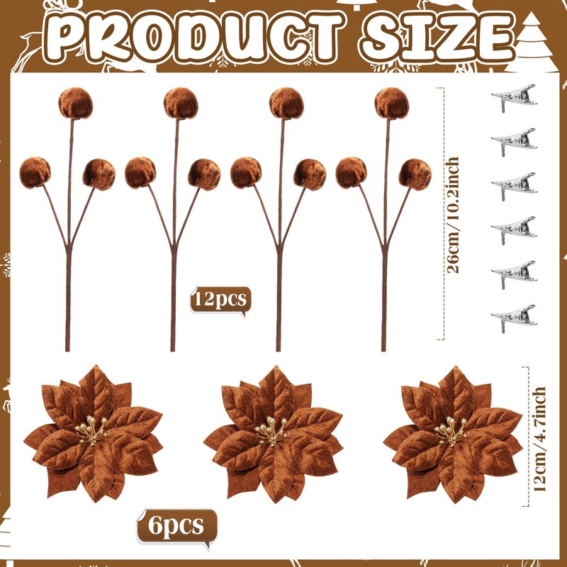 18 Pcs Velvet Christmas Tree Ornament Poinsettia Flower, Brown