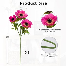 Hot Pink Anemone Flowers Artificial 21.7" Faux Flowers Silk Flowers with Stems Realistic Fake Flowers for Decoration Faux Anemone Artificial Flowers Bulk for Vase Centerpieces Home Wedding Bouquet
