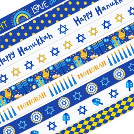 Hying 9 Rolls Happy Hanukkah Ribbons for Wrapping Gifts, White Blue Ribbon for Jewish Gift Wrapping Party Decoration DIY, 3/8" X 9 Yards Chanukah Star of David Menorah Grosgrain Ribbons for Jewish