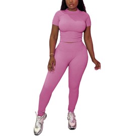 HBQ Women Two Piece Outfits Workout Sets Ribbed Casual Jogging Suits Short Sleeve Tracksuits-XL-Pink