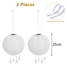 YIFMOO Solar Lanterns, Pack of 2 25 cm Solar Lanterns, Outdoor Weatherproof, LED Waterproof Lantern with 4 Tassels, Hanging Nylon Lantern for Gardens, Yards, Balconies, Wedding Decoration (Warm White)