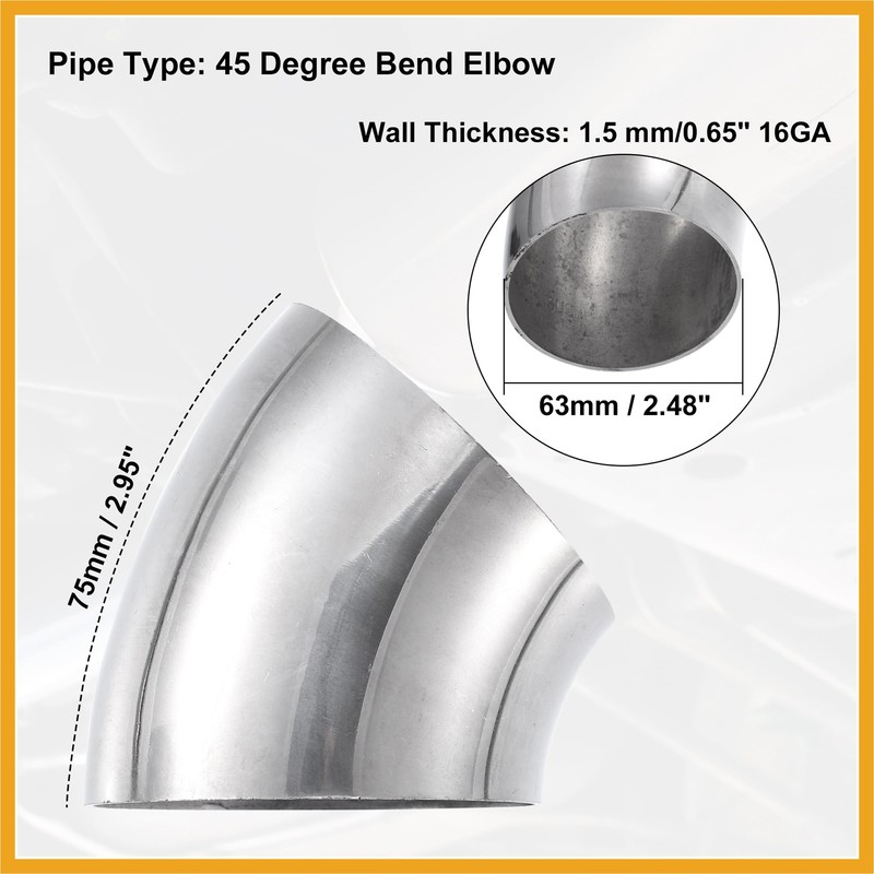 Partuto 2pcs OD 2.5" 45 Degree Stainless Steel Bend Tube