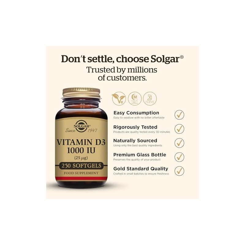 Solgar Vitamin D3 1000 IU (25 µg) - 250 Softgels