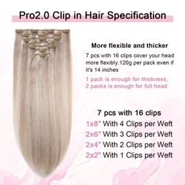 Sweetmet Pro2.0 Remy Real Human Hair Extensions Clip ins 120g Thick 7pcs Color #18p1000 Ash Blonde with Bleach Blonde Remy Clip in Hair Extensions Real Human Hair 16inch Double Weft（#18P1000-16inch）