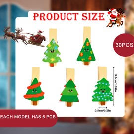 Christmas Wooden Clips 30Pcs with String - 3.5cm Mini Hanging Card Holders, Festive Tree Photo Pegs for Wall Decor, Nursery & Gifts