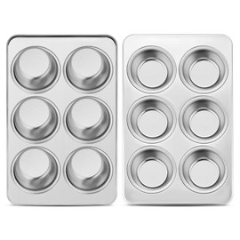 Herogo Muffin Tin, 6 Cup Stainless Steel Muffin Tray Set of 2, Metal Muffin Baking Tray for Cupcakes, Yorkshire Pudding, Pie, 2 Pack Muffin Tin Mould for Dishwasher Safe/Oven Safe/Non-Toxic