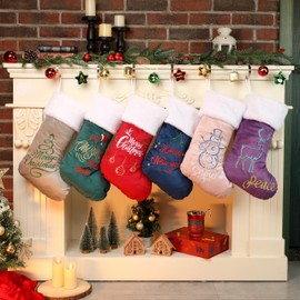 NEXAVENT Christmas Stockings 6 Pack 20" Large Embroidered Classic Luxury Velvet Red Green Purple Blue Grey Pink with White Faux Fur Hanging Ornament Decorations for Fireplace Xmas Season (Set of 6)