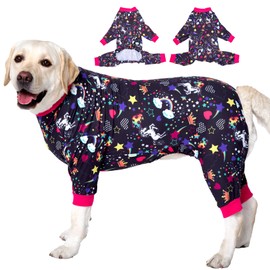 LovinPet Large Dog Pajamas Pitbull PJS: Wound Care/Post Surgery Dog Clothes, Large Dog Shirt, Unicorn Rainbows Black Print, Lightweight Stretchy Knit Pullover Dog Jammies, Pet PJ's/Medium