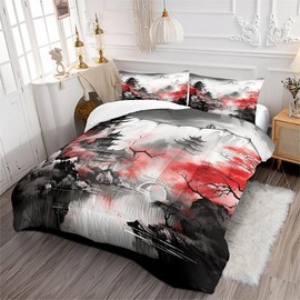CCoutueChen Asian Comforter Chinese Traditional Bedding Set King Size Chinese Landscape Painting Bed Set for Adult Women Soft Lightweight Comforter Black Red