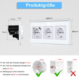 CNBINGO JFGM1 USB Triple Socket with Claws - Glass Schuko Socket Flush-Mounted with USB Connection - 1 x (Type C and USB-A Max. 2.1 Amp) - Triple White Wall Socket with Child Lock