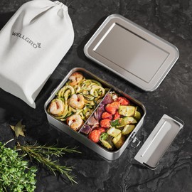 WELLGRO Stainless Steel Square Containers - 550 ml 850 ml 1400 ml 2400 ml Leak-Proof Metal Lunch Box Lunch Box Capacity 2400 ml