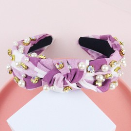 Brihasory Rhinestone Pearls Knotted Headbands for Women and Girls Crystal Jeweled Headband Fashion Mardi Gras Accessories Party Prom Carnival Valentines Headwear Wide Headband Hair Hoop(Purple)