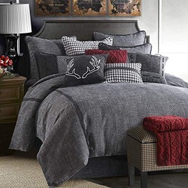 HiEnd Accents Hamilton Juego de edredón de 4 piezas, juego de cama de tweed blanco y negro, tamaño súper king, juego de cama de lujo rústico Cabin Lod