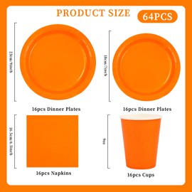 64Pcs Solid Color Party Tableware Set,Orange Disposable Tableware Set Include Plates Napkins and Cups Dessert Plates for Kids Party Birthday Wedding Table Decorations