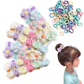 124pcs Toddler Hair Ties Set, Cute Elastic Hair Ties with Flower Bow, Ponytail Seamless Holders Scrunchies Hair Accessories (MIX-E 24 pcs +100 PCS)