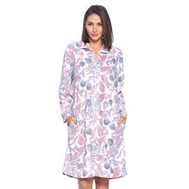Casual Nights Women's Printed Micro Fleece Zip Up Long Sleeve Sleepwear Duster Robe, Pink/White Paisley, L