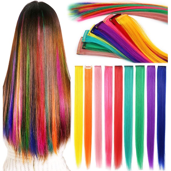 Rhyme 9 PCS Colored Hair Extensions Clip In 21 inch Straight Multicolored Hair Extensions Accessories For Girls Women Gift Party Highlights Wig Pieces (Rainbow Color)