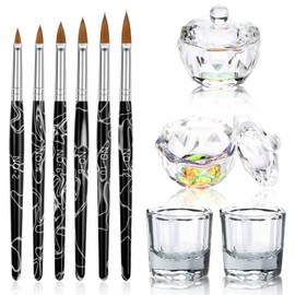 Acrylic Nail Brush Dappen Dish Set, 6PCS Nail Art Pen and 4PCS Crystal Dappen Dish, Manicure Bowl Cup Glass Container for Acrylic Liquid Nail Tool Kit (Black)