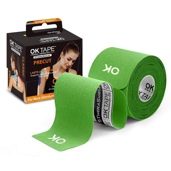 OK TAPE Kinesiology Tape (20 Strips Precut) - Latex Free, Waterproof Athletic Tape Sports for Pain Relief, Supports and Stabilizes Knee&Muscles&Joints | 2inch x 16.4 feet Roll, Lime