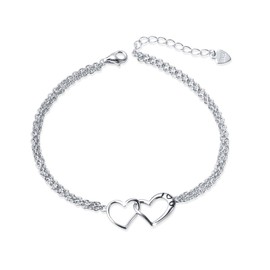 DAOCHONG S925 Sterling Silver I Love U Forever Love Heart Double Chain Bracelets,7+2 inches