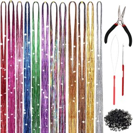 12 Colors Hair Tinsel Kit With Tools, 90CM Strands Extensions, Sparkling Heat Resistant Shiny Hair Tinsel, Extension Kit With Tool Kit