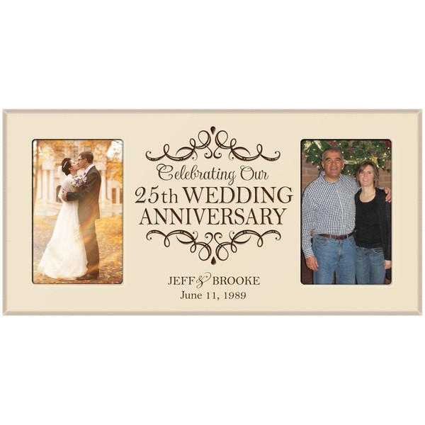 LifeSong Milestones 25th Personalized Wedding Picture Frame Celebrating Our 25th Wedding Anniversary with Couples Names and Anniversary Dates Holds 2 4x6 Photos (Ivory)