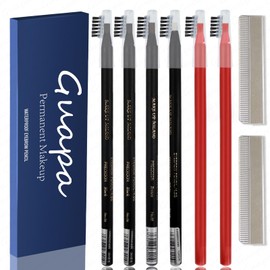 6pcs Waterproof Red Microblading Eyebrow Mapping Pencil Hard Core Peel Off Permanent Makeup Lip Tattoo Pencil (Mix Color with Blades)