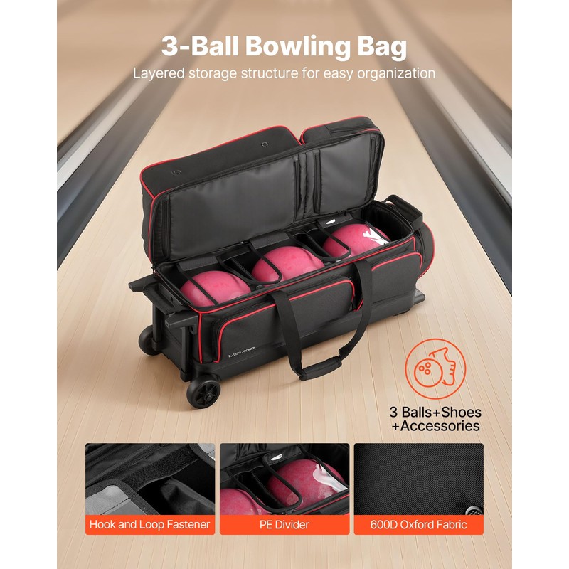 VEVOR Bowling Ball Bag, 3 Ball Double Roller Bowling Bag