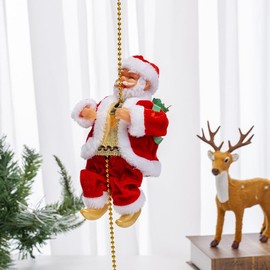 OhMill Climbing Santa Claus on Beads Chain Ladder Electric Xmas Ornament Santa Plush Doll with Music Climbs Up and Down,Creative Hanging Decors for Christmas Tree Fireplace