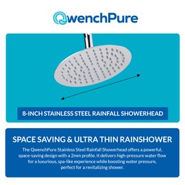 QwenchPure - 8 Inch Stainless Steel Rainfall Showerhead – High Pressure, Powerful, Space-Saving, Easy Install, Universal Replacement | Ideal for Spa-Like Showers