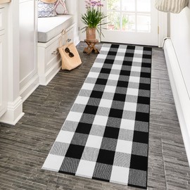 Fixseed Checkered Runner Rugs 2x6 ft Black White Buffalo Plaid Cotton Woven Rug, Washable Runner Rug for Hallways Kitchen Bedroom Living Room Porch Farmhouse Decor Area Rug