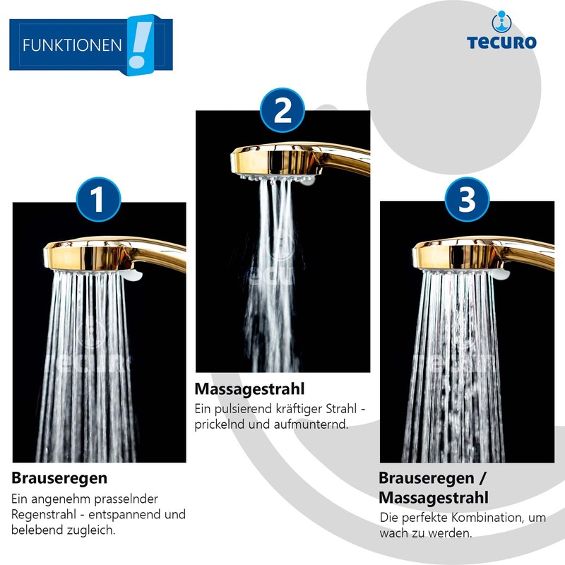tecuro Hand Shower ew-080 Gold with 3 Functions and Anti-limescale